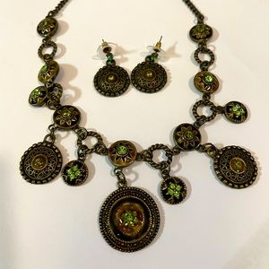 Brass and green rhinestone tribal necklace set